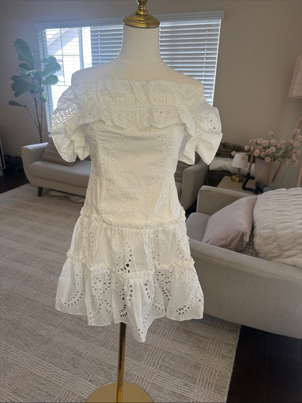 Off-Shoulder White Eyelet Ruffle Mini Dress